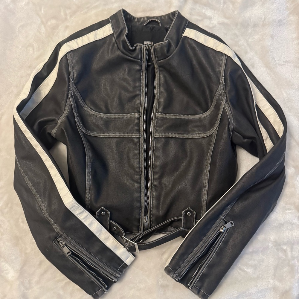 Urban Outfitters Faux Leather Racing Motorcycle Jacket Black White Grey